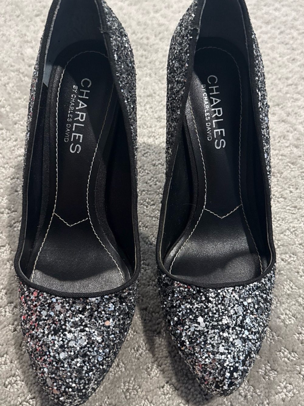 Charles David Black and Silver Glitter Pointed Toe Pumps